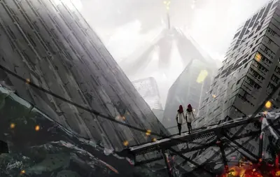 Fan art of 2B (YoRHa No.2 Type B) from NieR: Automata standing on a bridge amidst ruined skyscrapers.