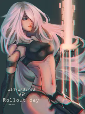 Digital illustration of 2B (YoRHa No.2 Type B) from NieR: Automata in a gothic-lolita outfit with a blindfold and sword.