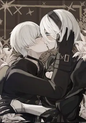 Fan art of 2B and 9S from NieR: Automata sharing an intimate kiss in a gothic-lolita style digital illustration.