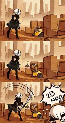 Fan art of 2B from NieR: Automata standing in a post-apocalyptic warehouse with WALL-E, who is growing a plant.