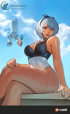 Digital illustration of 2B from NieR: Automata wearing a swimsuit, sitting outdoors with a robot companion under a blue sky.