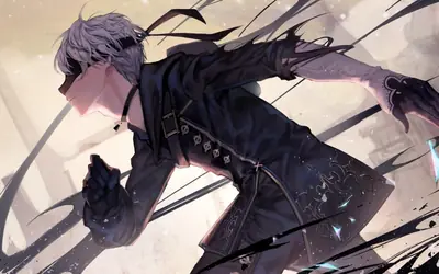 Digital illustration of 2B (YoRHa No.2 Type B) from NieR: Automata in a dynamic action pose with a black dress and blindfold.