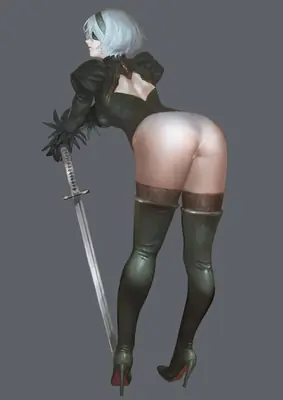 Digital illustration of 2B (YoRHa No.2 Type B) from NieR: Automata, shown in a gothic-lolita style outfit with a blindfold and sword.
