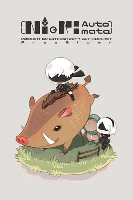 Cute chibi-style fan art of 2B from NieR: Automata riding a boar with 9S and Emil in a grassy clearing.