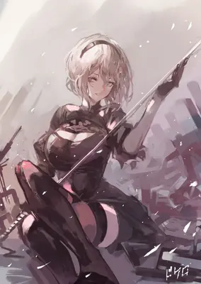 Fan art of 2B (YoRHa No.2 Type B) from NieR: Automata, depicted in a gothic-lolita style with a blindfold and sword amidst post-apocalyptic ruins.