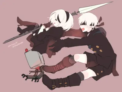 Fan art illustration of 2B and 9S from NieR: Automata, showing the characters in a dynamic pose with swords against a plain background.