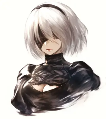 Digital illustration of 2B (YoRHa No.2 Type B) from NieR: Automata, featuring white hair and a black dress with a blindfold.