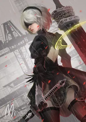 2B (YoRHa No.2 Type B) from NieR: Automata stands in a dramatic pose with her sword amidst a rainy, industrial backdrop.