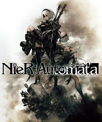 Fan art of 2B (YoRHa No.2 Type B) from NieR: Automata, depicted in a black dress with a blindfold and sword amidst a post-apocalyptic landscape.