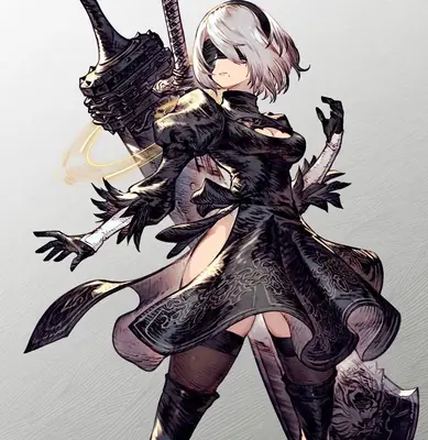 Fan art of 2B (YoRHa No.2 Type B) from NieR: Automata, depicted in a black gothic-lolita dress with a blindfold and large sword.