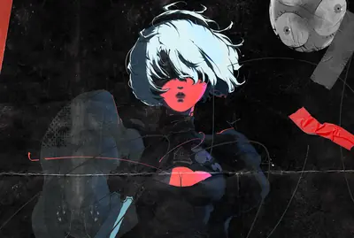 Digital illustration of 2B (YoRHa No.2 Type B) from NieR: Automata, depicted with white hair and a blindfold in a dramatic pose.