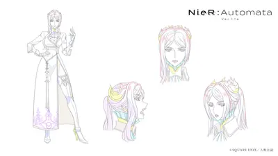 Line art of 2B (YoRHa No.2 Type B) from NieR: Automata, showing full-body and head studies with a blindfold and gothic-lolita outfit.