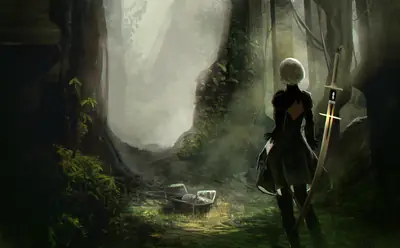 2B (YoRHa No.2 Type B) from NieR: Automata stands in a misty, overgrown ruin with a sword, backlit by soft light.