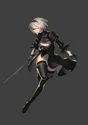 Digital illustration of 2B (YoRHa No.2 Type B) from NieR: Automata in a dynamic action pose with a sword.