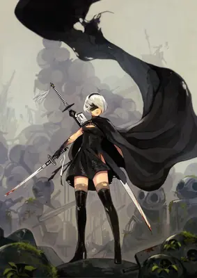 Fan art of 2B (YoRHa No.2 Type B) from NieR: Automata, depicted in a black gothic-lolita dress with a flowing cape and sword, standing amidst post-apocalyptic ruins.