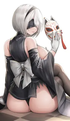 Fan art of 2B (YoRHa No.2 Type B) from NieR: Automata holding a fox mask, depicted in a gothic-lolita style with a blindfold and black dress.