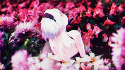 2B (YoRHa No.2 Type B) from NieR: Automata sitting among vibrant pink flowers, depicted in a digital illustration.