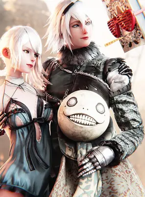 Fan art of 2B and A2 from NieR: Automata, featuring two YoRHa androids in a dramatic pose with a spherical machine.