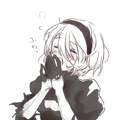 2B (YoRHa No.2 Type B) from NieR: Automata depicted in a gothic-lolita style with a blindfold and black gloves, covering her mouth in surprise.
