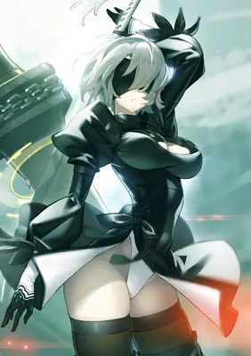 Digital illustration of 2B (YoRHa No.2 Type B) from NieR: Automata, depicted in a gothic-lolita style with a blindfold and sword.
