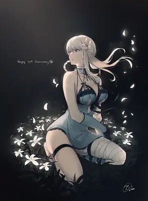 Digital illustration of 2B (YoRHa No.2 Type B) from NieR: Automata sitting among white flowers in a dark, post-apocalyptic setting.