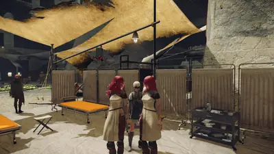 2B (YoRHa No.2 Type B) stands in a post-apocalyptic camp setting from NieR: Automata, surrounded by makeshift tents and medical cots.