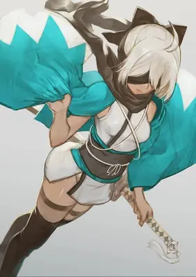 Digital illustration of 2B (YoRHa No.2 Type B) from NieR: Automata in a gothic-lolita outfit with a blindfold and sword.