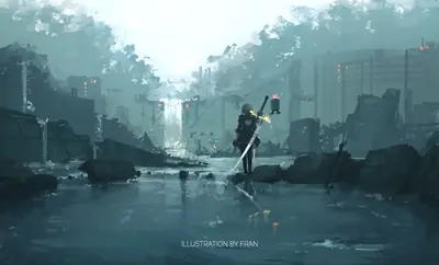 Digital illustration of 2B (YoRHa No.2 Type B) from NieR: Automata standing in a flooded, ruined cityscape with debris and broken structures.