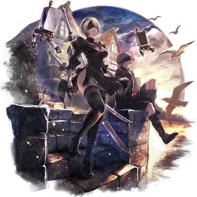 Digital illustration of 2B (YoRHa No.2 Type B) from NieR: Automata standing on a stone wall with a sword, wearing a black gothic-lolita outfit and blindfold.
