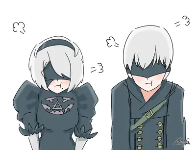 Fan art of 2B and 9S from NieR: Automata depicted in gothic-lolita inspired outfits with blindfolds, standing side by side against a white background.