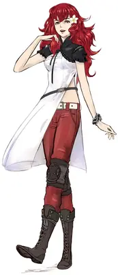 Fan art of 2B (YoRHa No.2 Type B) from NieR: Automata, depicted with red hair and a white dress over red pants.