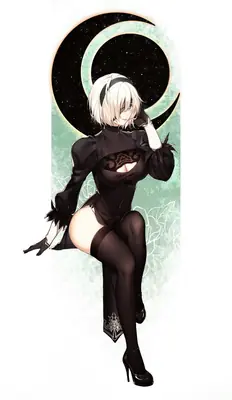 Digital illustration of 2B (YoRHa No.2 Type B) from NieR: Automata wearing a black gothic-lolita dress with a blindfold, posing against a crescent moon backdrop.