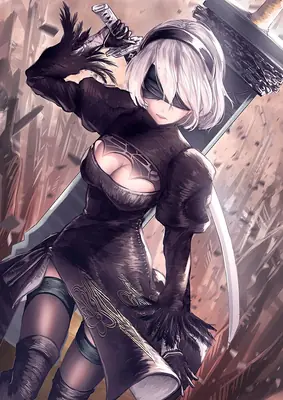 2B (YoRHa No.2 Type B) from NieR: Automata depicted in a gothic-lolita style outfit with a blindfold and sword, standing amidst debris.