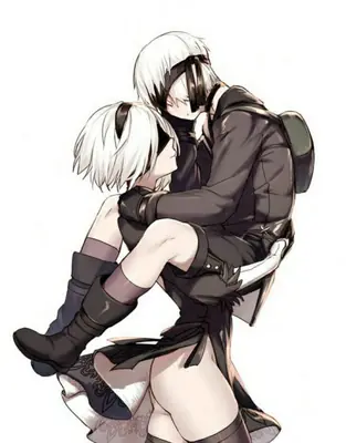 Fan art of 2B and 9S from NieR: Automata, showing a tender moment between the two YoRHa androids.