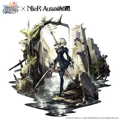 Digital illustration of 2B (YoRHa No.2 Type B) from NieR: Automata standing amidst a ruined, overgrown cityscape with water and debris.