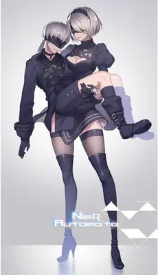 Fan art of 2B and 9S from NieR: Automata, featuring 2B being carried by 9S in a dramatic pose.