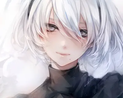 A digital illustration of 2B (YoRHa No.2 Type B) from NieR: Automata with white hair and a black high-collared outfit.