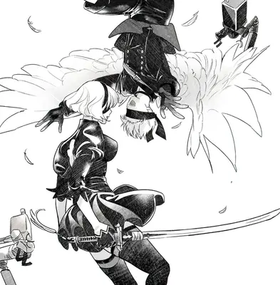 Black and white fan art of 2B (YoRHa No.2 Type B) from NieR: Automata, depicted in a dynamic combat pose with a sword and blindfold.
