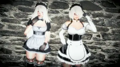 Two digital illustrations of 2B (YoRHa No.2 Type B) from NieR: Automata wearing gothic-lolita maid outfits against a stone wall background.