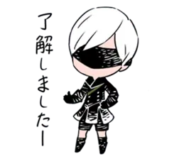 Chibi-style illustration of 2B (YoRHa No.2 Type B) from NieR: Automata, featuring white hair, a black blindfold, and a gothic-lolita outfit with Japanese text.