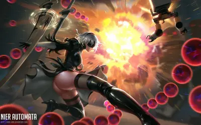 2B (YoRHa No.2 Type B) from NieR: Automata in a dynamic combat pose with a sword and explosion in the background.