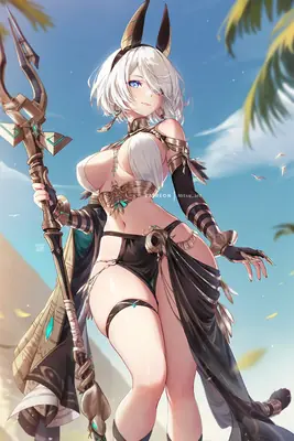 2B (YoRHa No.2 Type B) from NieR: Automata depicted in an Egyptian-themed outfit with a staff, standing outdoors under a bright sky.