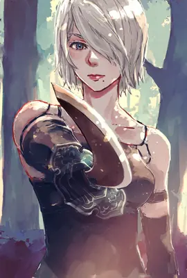 Digital illustration of 2B (YoRHa No.2 Type B) from NieR: Automata standing in a forest with her sword, wearing a black dress and blindfold.