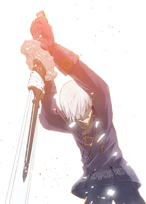 Fan art of 2B (YoRHa No.2 Type B) from NieR: Automata holding a sword in a dramatic pose.