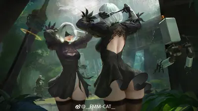 Fan art of 2B (YoRHa No.2 Type B) from NieR: Automata, depicted in a gothic-lolita style outfit with a blindfold and sword in a post-apocalyptic forest setting.