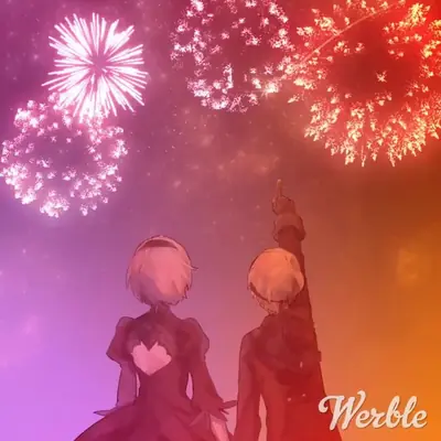 2B (YoRHa No.2 Type B) and 9S from NieR: Automata stand together under a sky filled with fireworks.