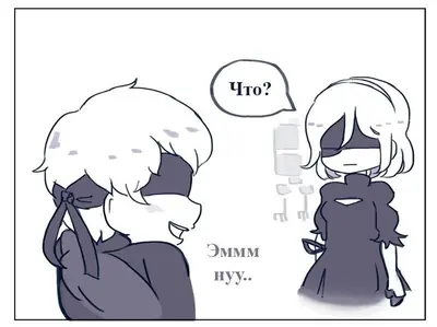 Fan art illustration of 2B and 9S from NieR: Automata, showing 2B with her signature blindfold and 9S adjusting his hair, set against a minimalist background.