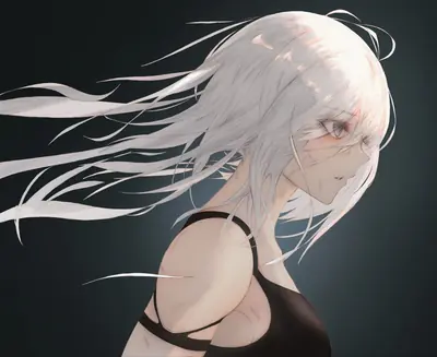Digital illustration of 2B from NieR: Automata with long white hair and a black outfit, set against a dark background.