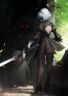 Digital illustration of 2B (YoRHa No.2 Type B) from NieR: Automata standing with a sword, wearing a gothic-lolita outfit and blindfold.