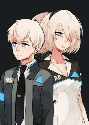 Fan art of 2B and 9S from NieR: Automata, depicted in their YoRHa combat uniforms against a dark background.